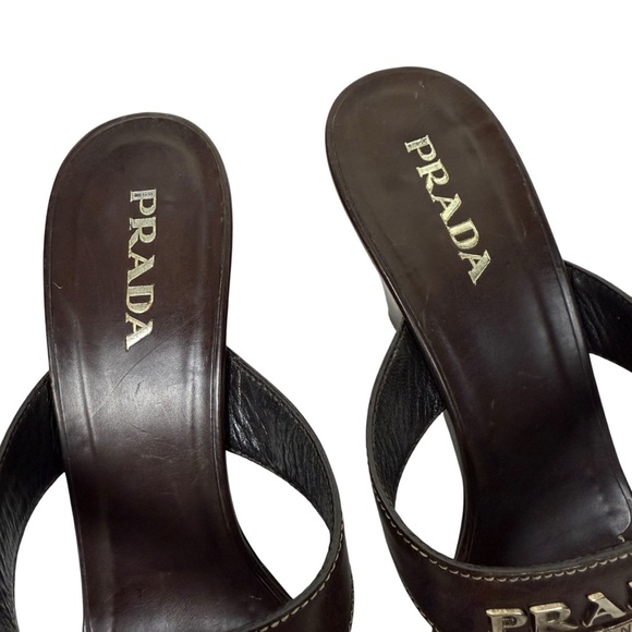 Prada Brown Leather Logo Wedge Sandals - Picture 4 of 8